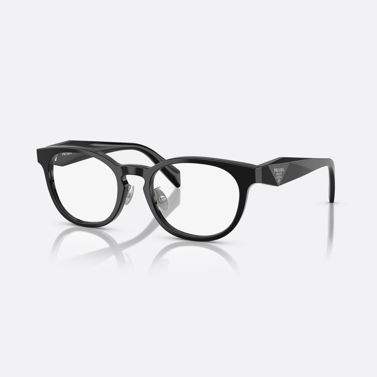 Prada PR B06VD 16K1O1 eyeglasses, black visor frame for women, keyhole bridge, brand lettering on temples, full-rim frame
