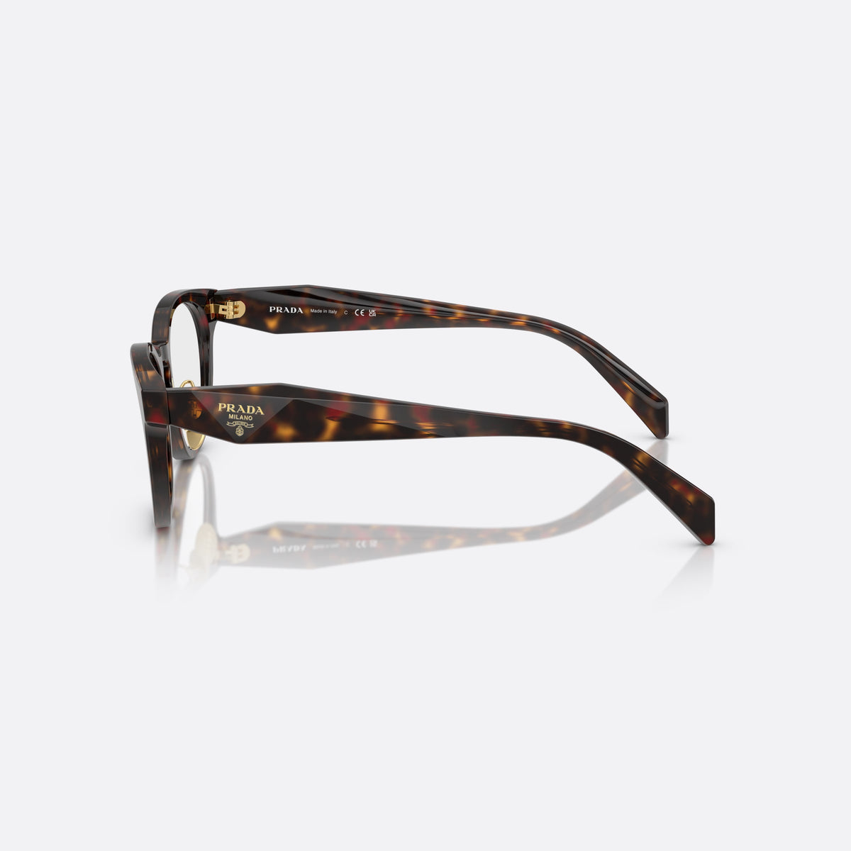 Prada PR B06VD 17N1O1 eyeglasses, havana visor frame for women, plain combined bridge, brand lettering on temples, side view
