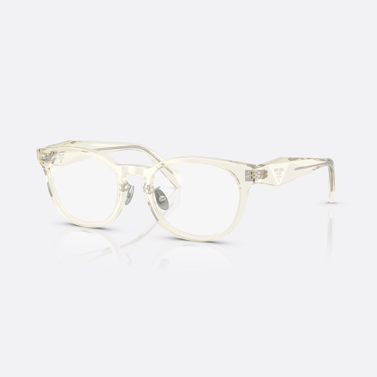 Prada PR B06VD 19X1O1 eyeglasses, white visor frame for women, plain bridge with integrated pads, wide faceted temples
