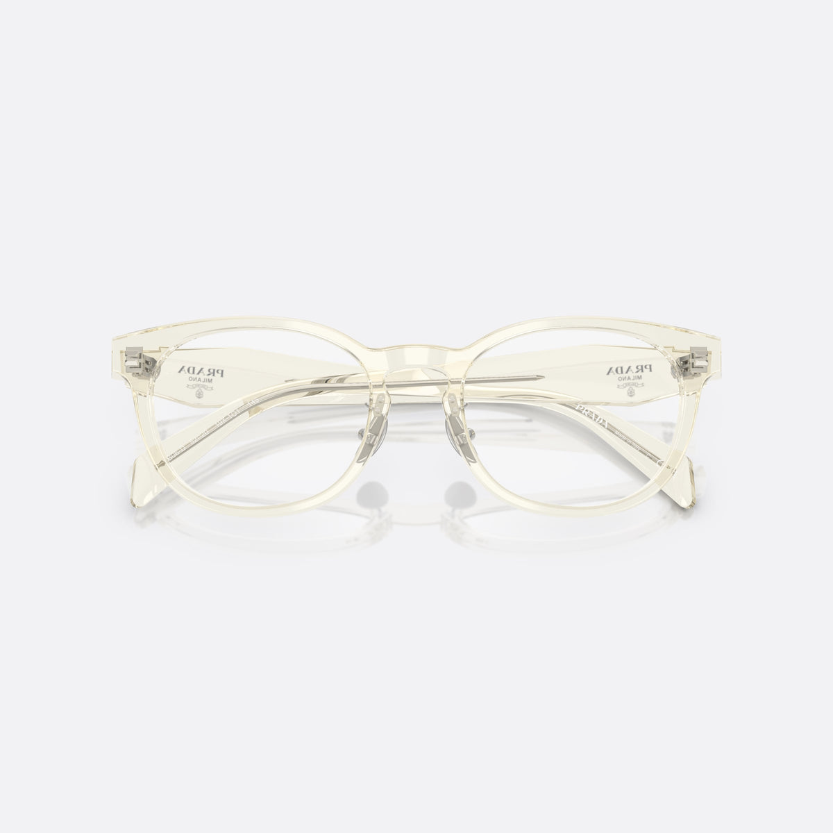 Prada PR B06VD 19X1O1 eyeglasses, white visor frame for women, plain bridge with integrated pads, wide faceted temples, folded