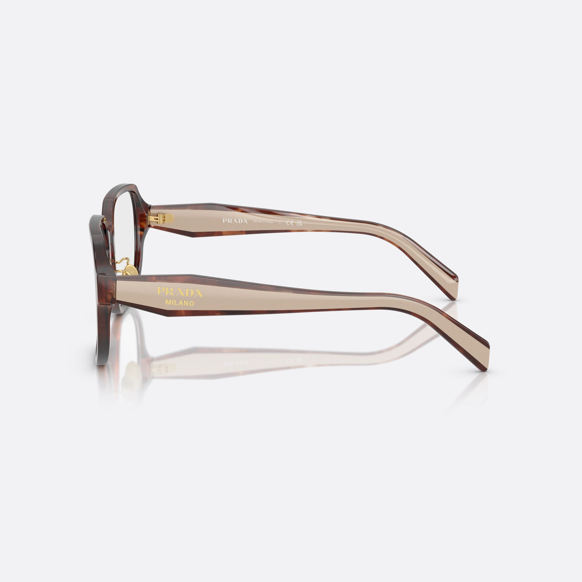Rame ochelari de vedere Prada PR B07VD 07R1O1, visor havana, pentru femei, punte keyhole, literele brandului pe brațe, balamale aurii, vedere laterală