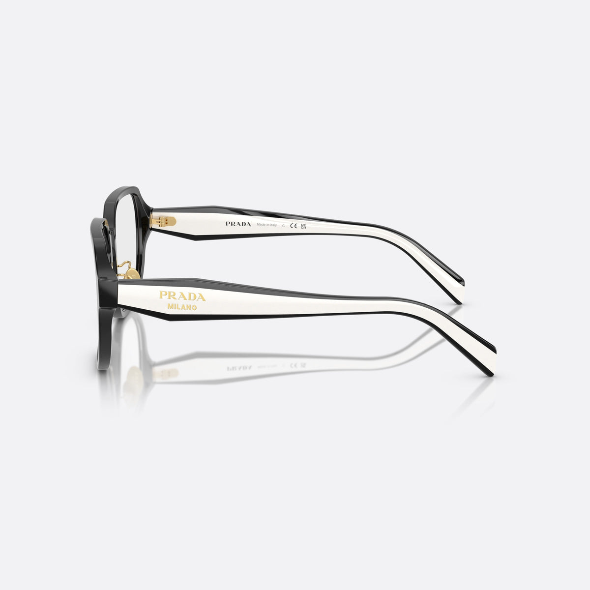 Prada PR B07VD 16K1O1 eyeglasses, black visor frame for women, brand lettering on temples, full-rim thick frame, side view