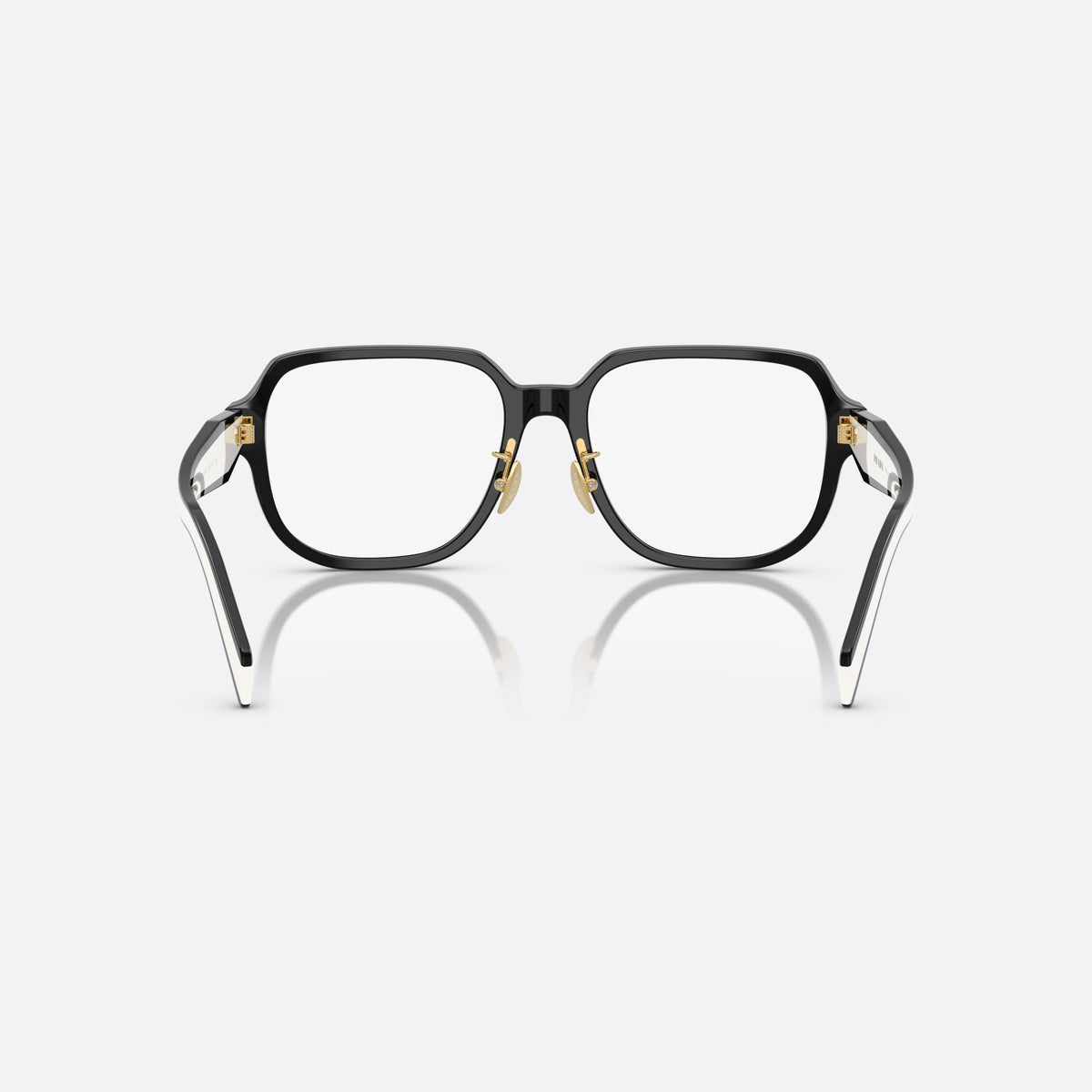 Prada PR B07VD 16K1O1 eyeglasses, black visor frame for women, brand lettering on temples, full-rim thick frame, back view