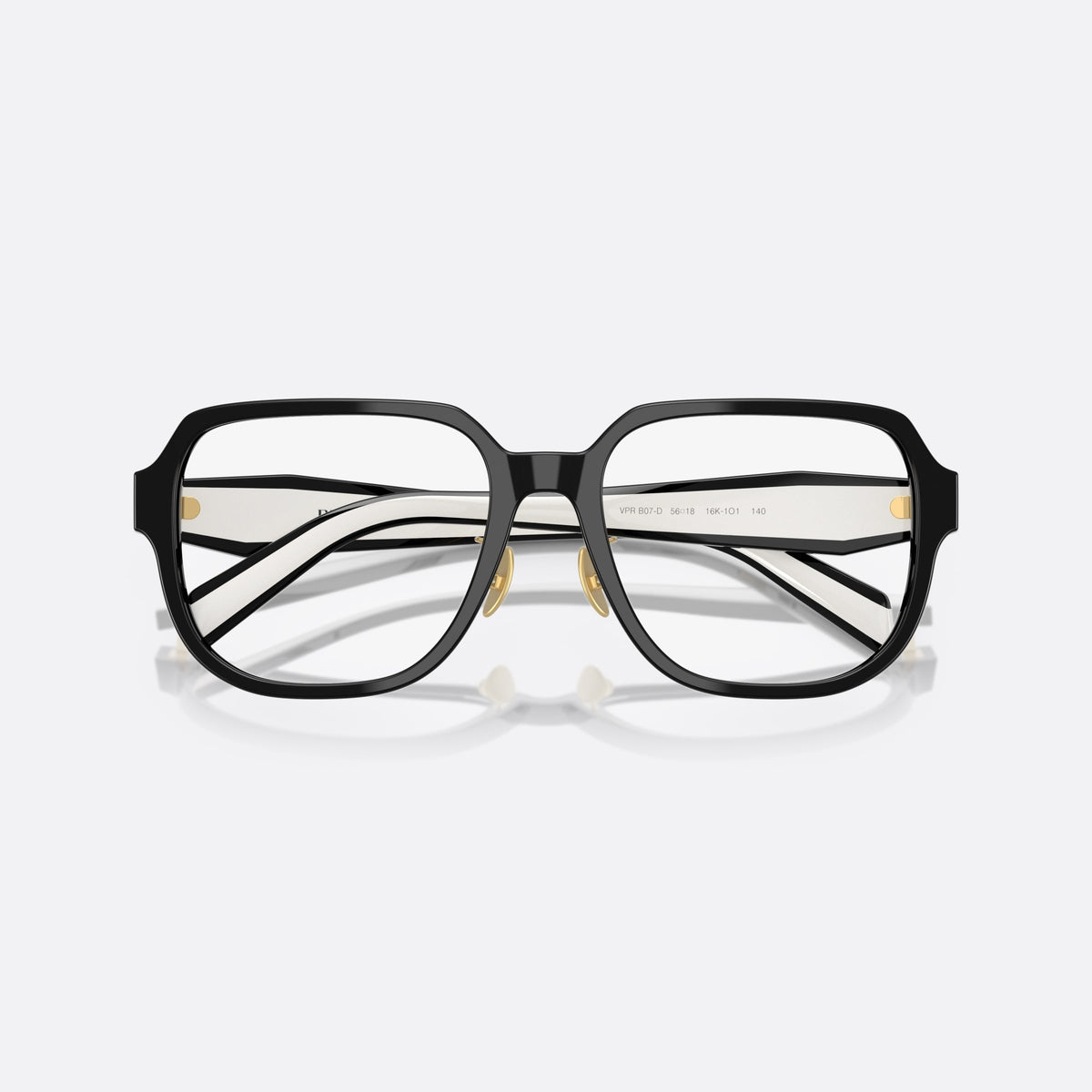 Prada PR B07VD 16K1O1 eyeglasses, black visor frame for women, brand lettering on temples, full-rim thick frame, folded