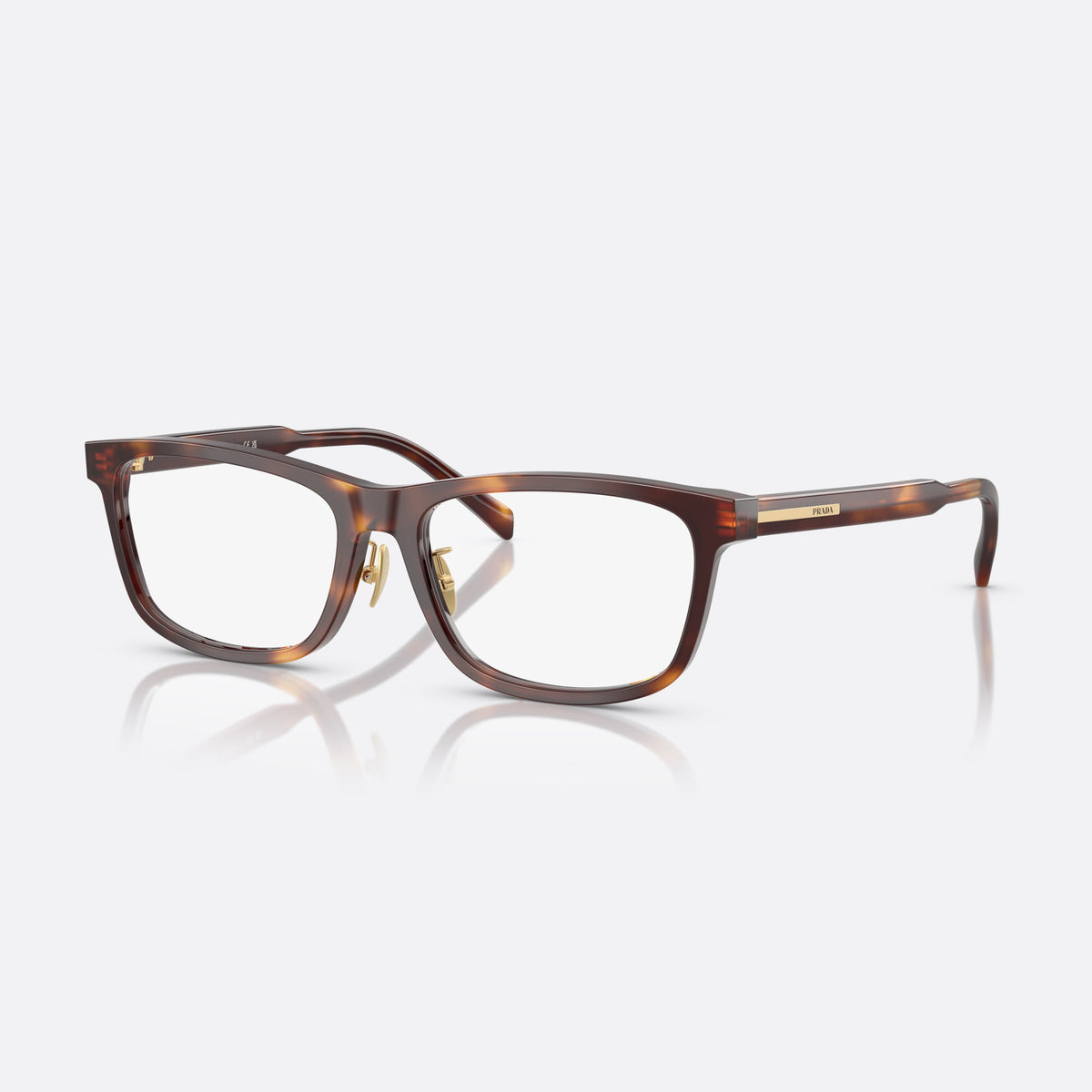 Prada PR B08VD 15W1O1 eyeglasses, havana visor frame for men, keyhole bridge, brand lettering on temples, full-rim frame