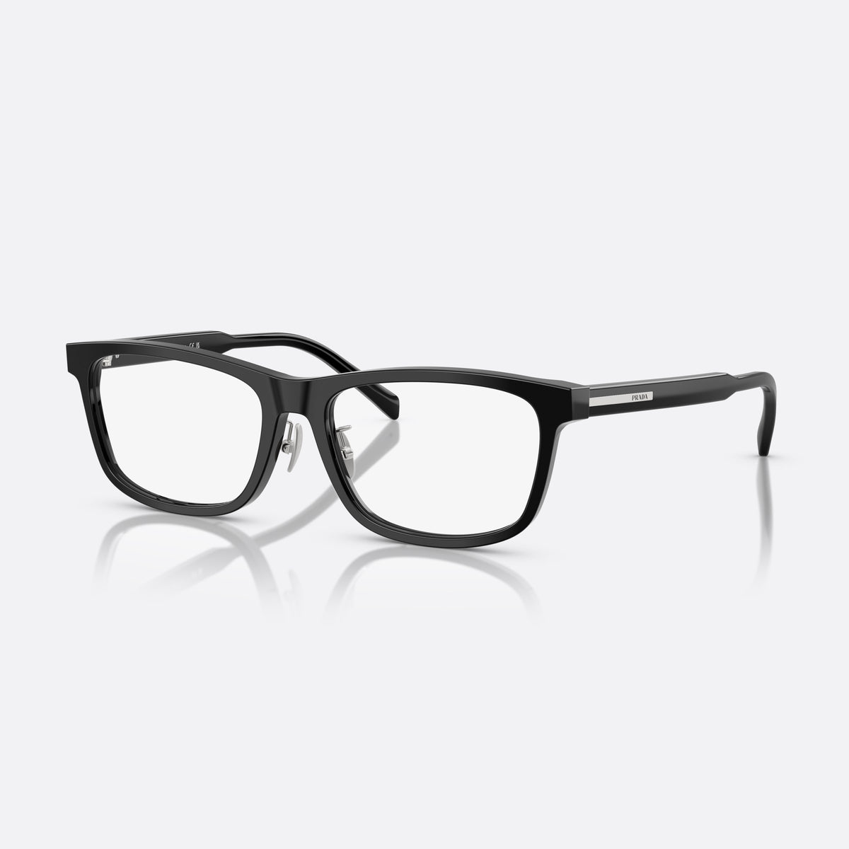 Prada PR B08VD 16K1O1 eyeglasses, black visor frame for men, plain bridge, integrated design, brand lettering on temples