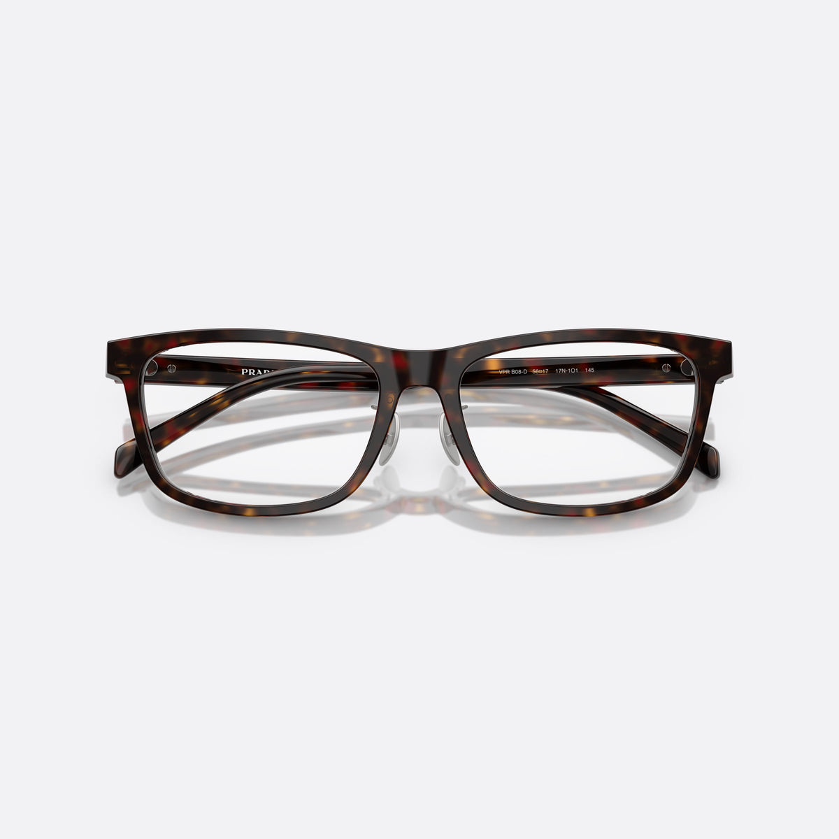 Prada PR B08VD 17N1O1 eyeglasses, havana visor frame for men, brand lettering on temples, full-rim thick acetate frame, folded