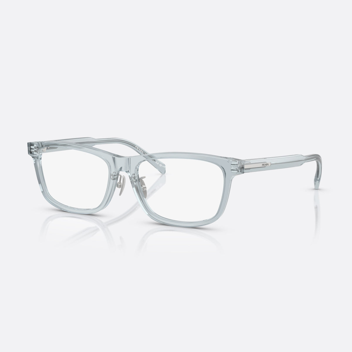 Prada PR B08VD 19T1O1 eyeglasses, blue visor frame for men, plain integrated bridge, brand lettering on temples
