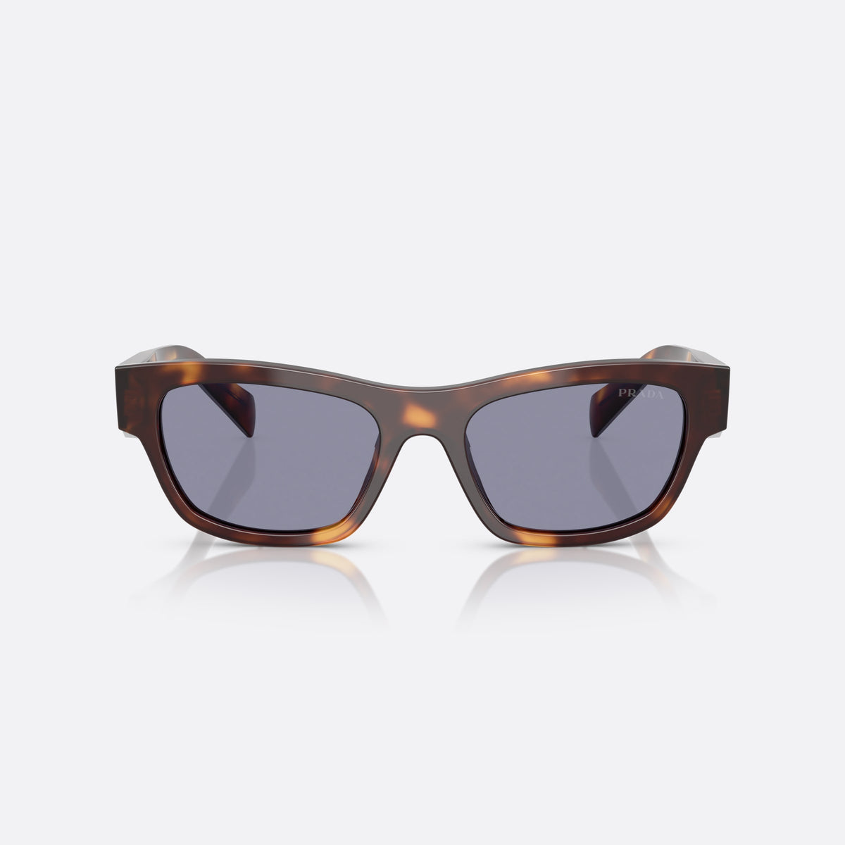 Prada PR B09S 15W03N sunglasses, havana butterfly frame for women, plain bridge, brand logo plaque on temple, full-rim frame, front view