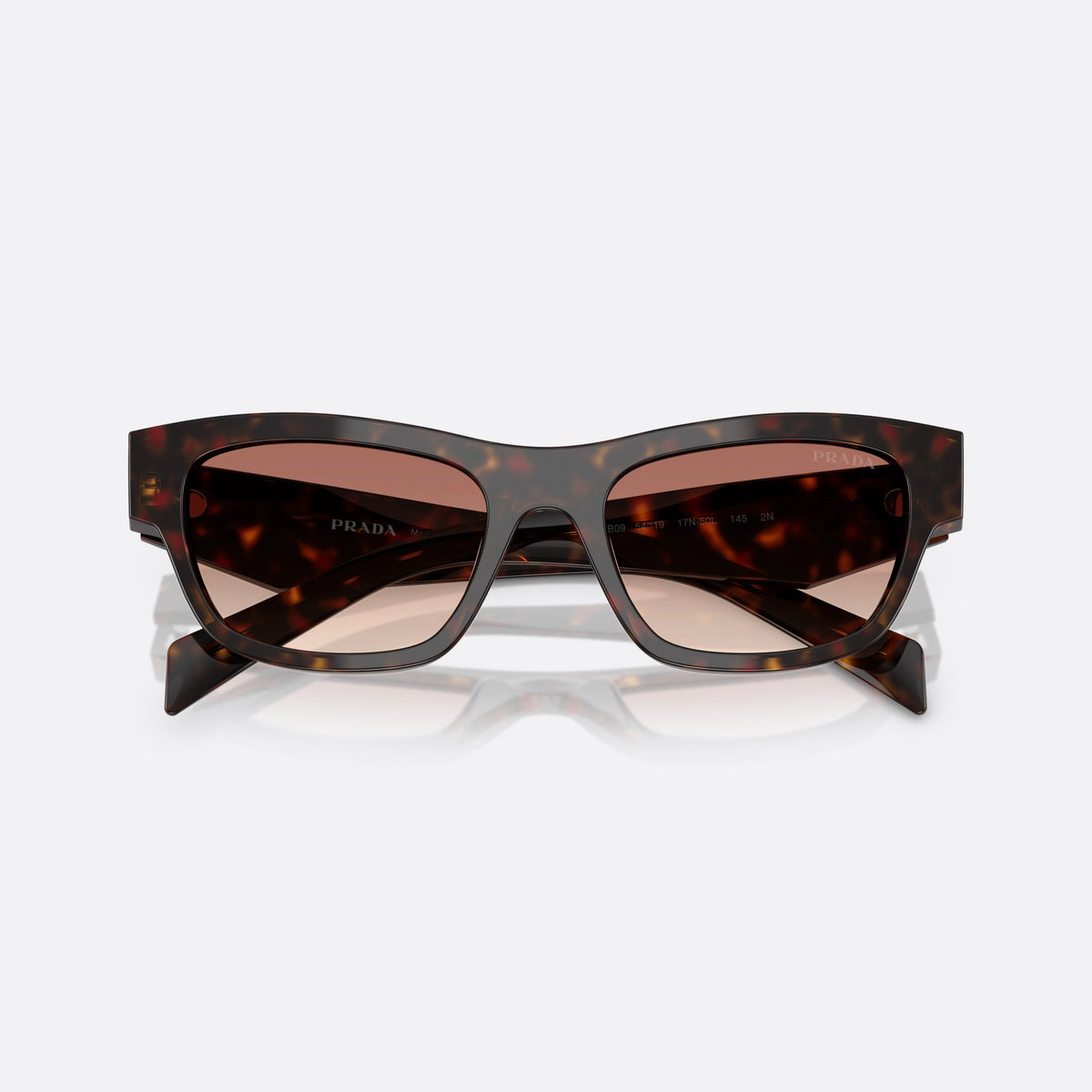 Ochelari de soare Prada PR B09S 17N50L, fluture havana, pentru femei, punte simplă integrată, literele brandului pe brațe, cu brațele pliate