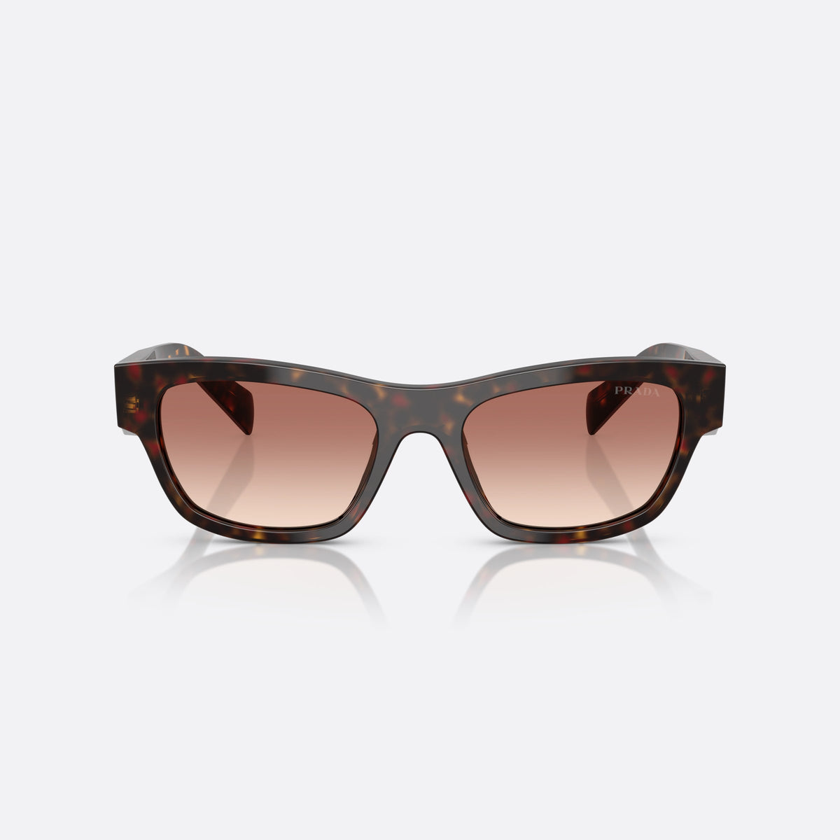 Prada PR B09S 17N50L sunglasses, havana butterfly frame for women, plain bridge, brand logo plaque on temple, full-rim frame, front view