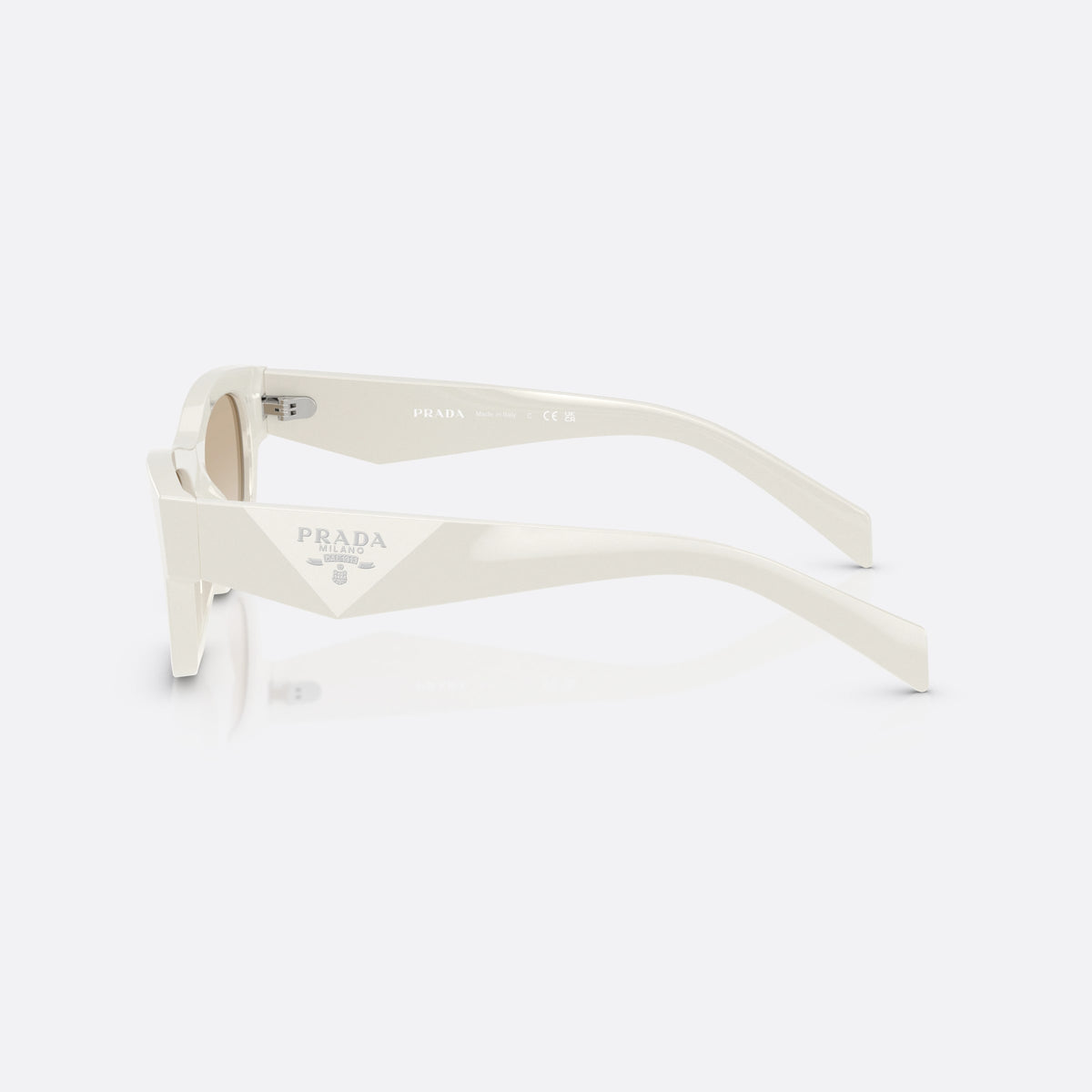 Prada PR B09S 26A80M sunglasses, pink butterfly frame for women, plain double bridge, brand logo on temple plaque, side view