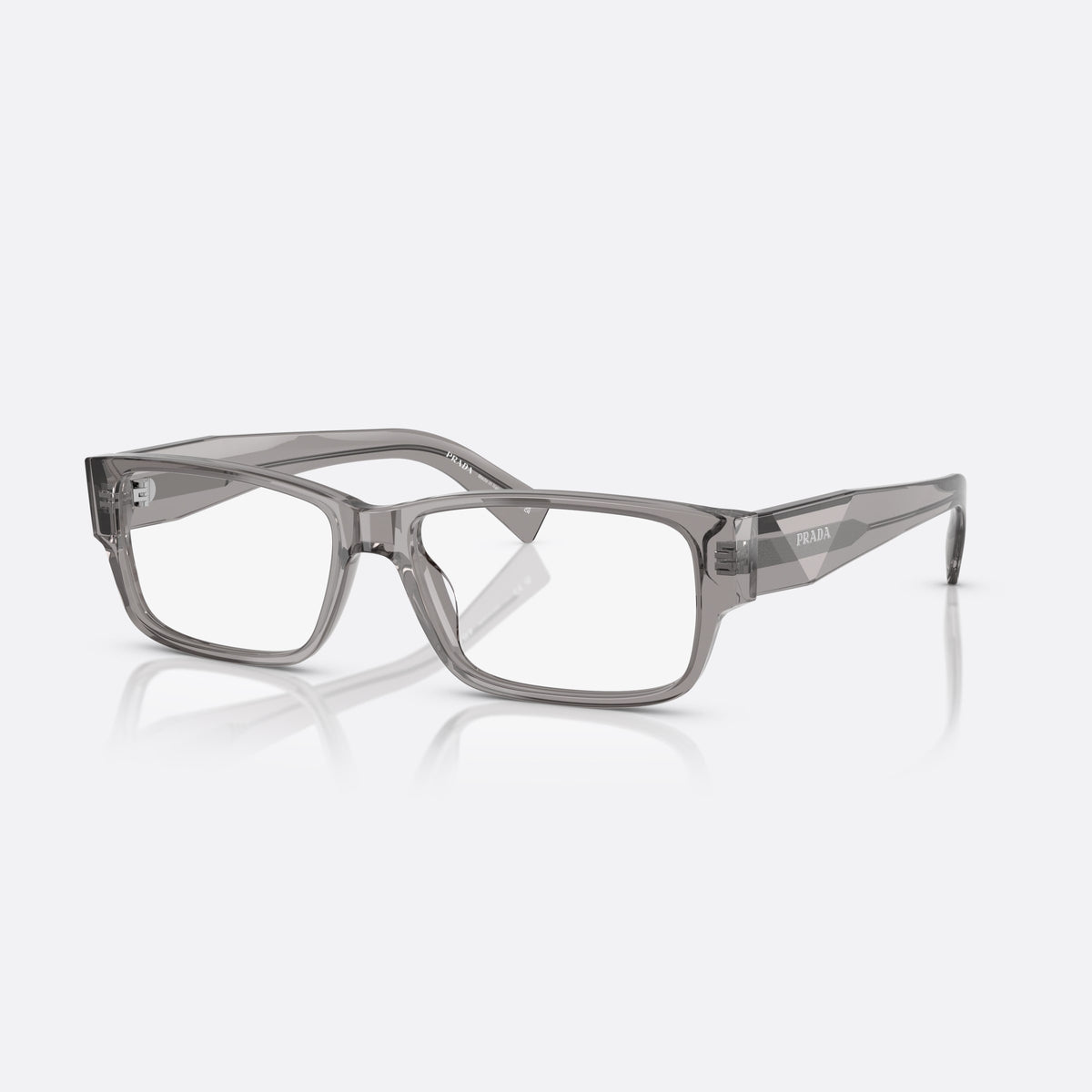 Prada PR B09V 16Z1O1 eyeglasses, grey visor frame for men, plain bridge, brand lettering on temples