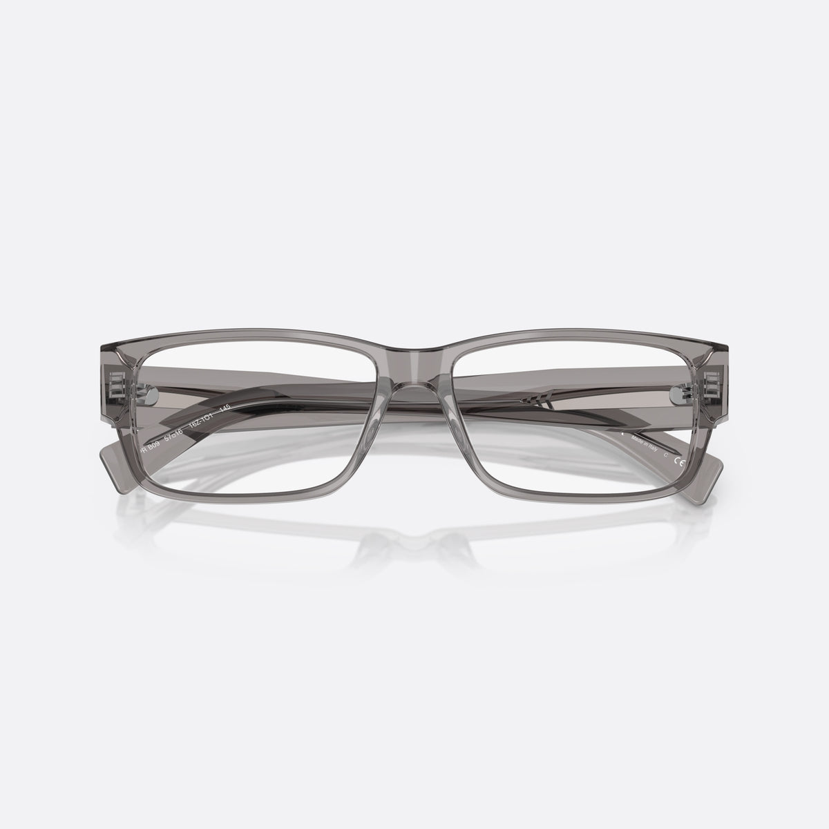 Prada PR B09V 16Z1O1 eyeglasses, grey visor frame for men, plain bridge, brand lettering on temples, full-rim frame, folded