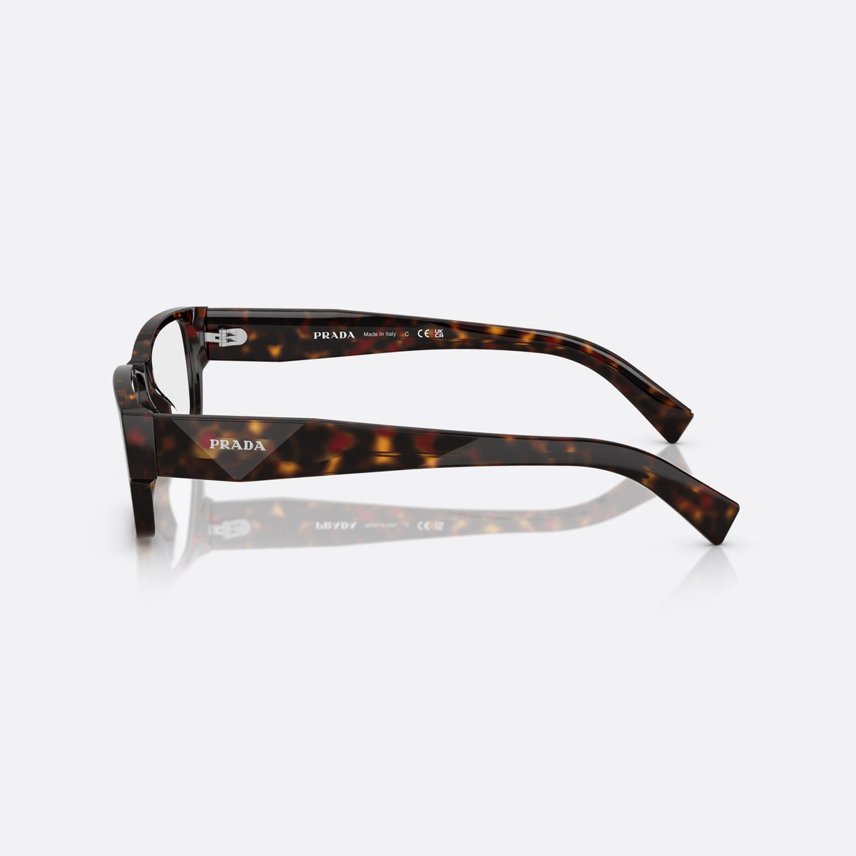 Prada PR B09V 17N1O1 eyeglasses, havana visor frame for men, plain double bridge, brand lettering on temples, side view