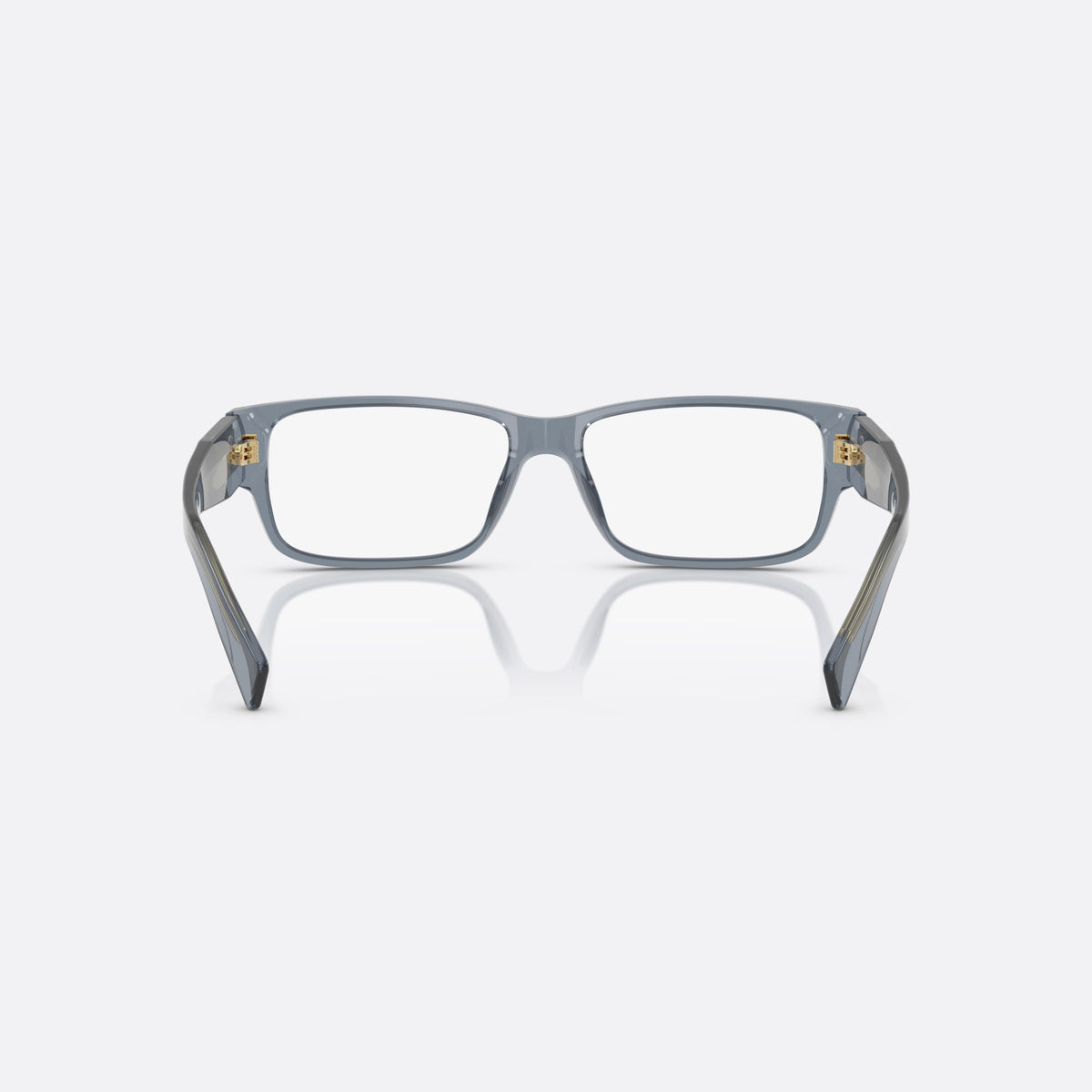 Prada PR B09V 17T1O1 eyeglasses, blue rectangle frame for men, plain bridge, brand lettering on temple, full rim, back view