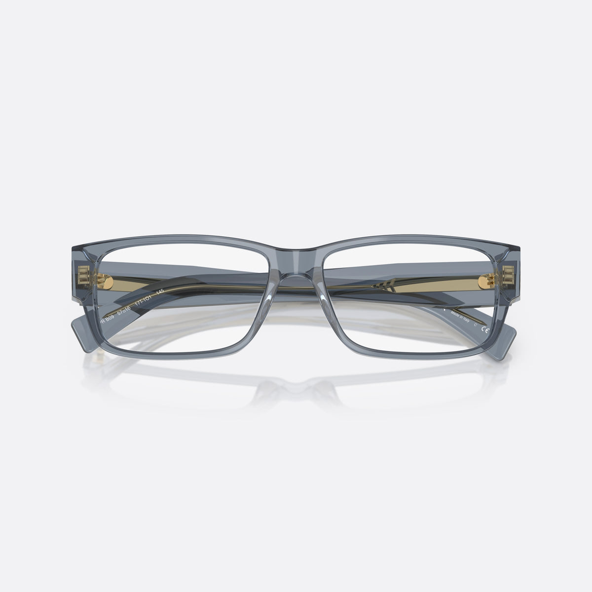 Prada PR B09V 17T1O1 eyeglasses, blue rectangle frame for men, plain bridge, brand lettering on temple, full rim, folded