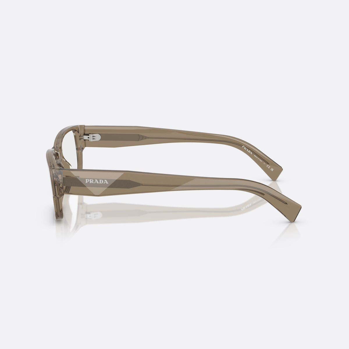 Rame ochelari de vedere Prada PR B09V 18T1O1, rectangulari maro, pentru bărbați, punte simplă tip șa, literele brandului pe brațe, vedere laterală