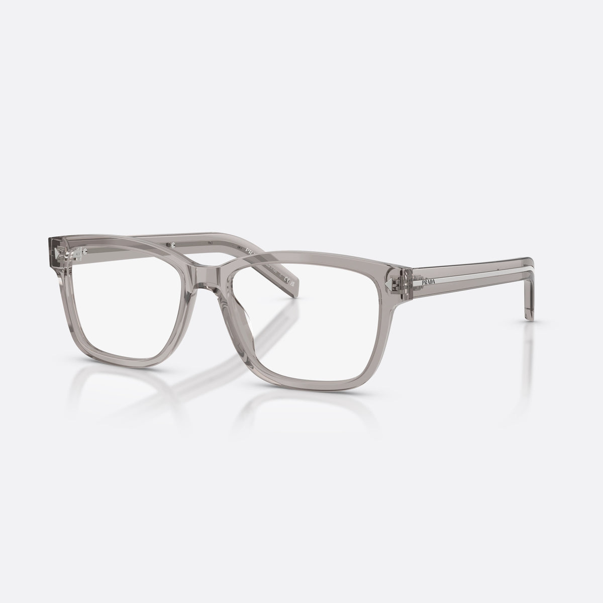 Prada PR B10V 10J1O1 eyeglasses, grey rectangle frame for men, plain bridge, brand lettering on temples, full-rim frame