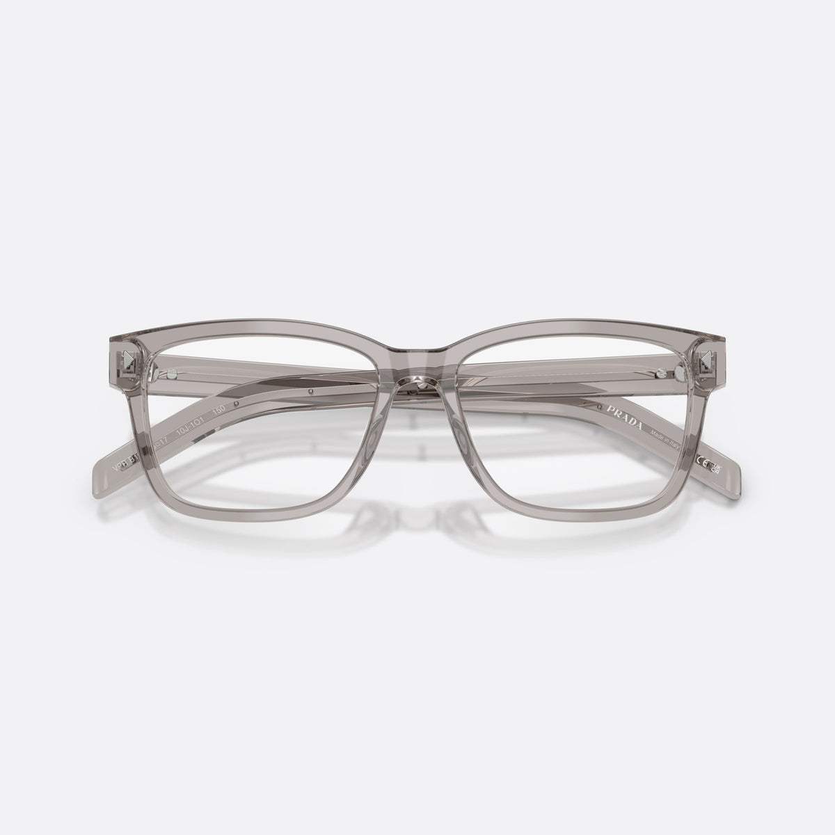 Prada PR B10V 10J1O1 eyeglasses, grey rectangle frame for men, plain bridge, brand lettering on temples, full-rim frame, folded