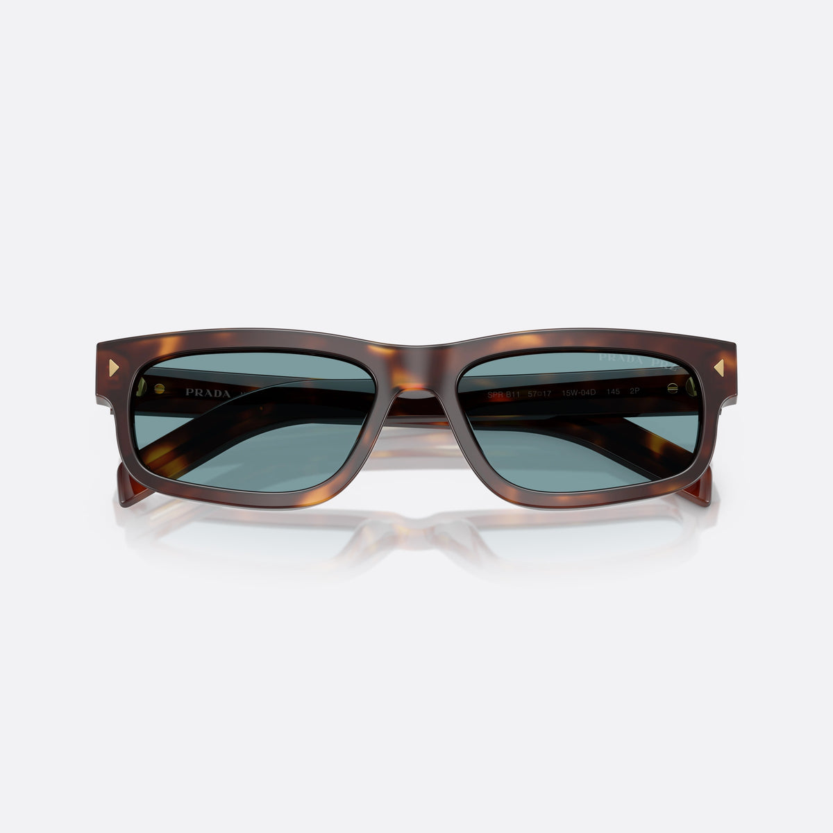 Prada PR B11S 15W04D sunglasses, havana rectangle frame for men, plain bridge, brand lettering on temples, full-rim frame, folded