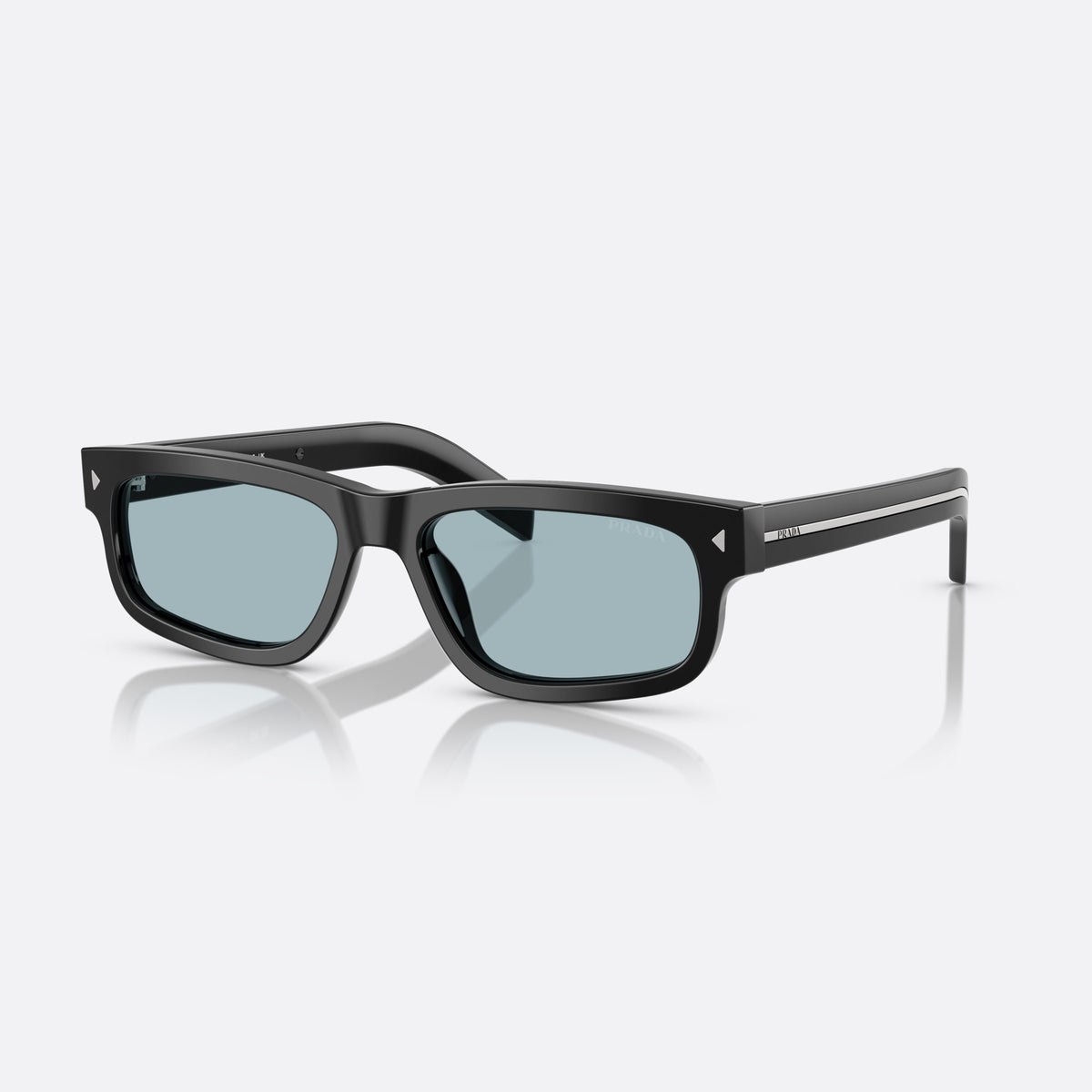 Prada PR B11S 16K60P sunglasses, black rectangle frame for men, plain bridge, brand lettering on temples, full-rim frame