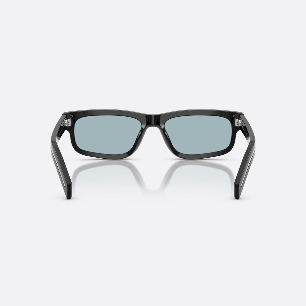 Prada PR B11S 16K60P sunglasses, black rectangle frame for men, plain bridge, brand lettering on temples, full-rim frame, back view