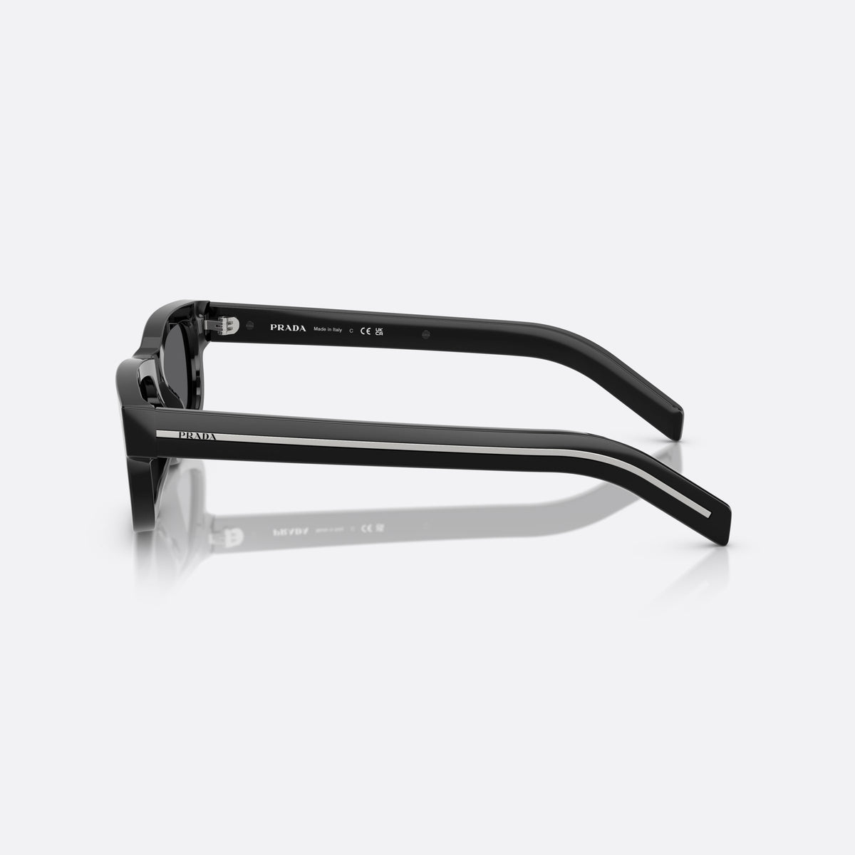 Prada PR B11S 16K731 sunglasses, black rectangle frame for men, plain integrated bridge, brand lettering on temples, side view