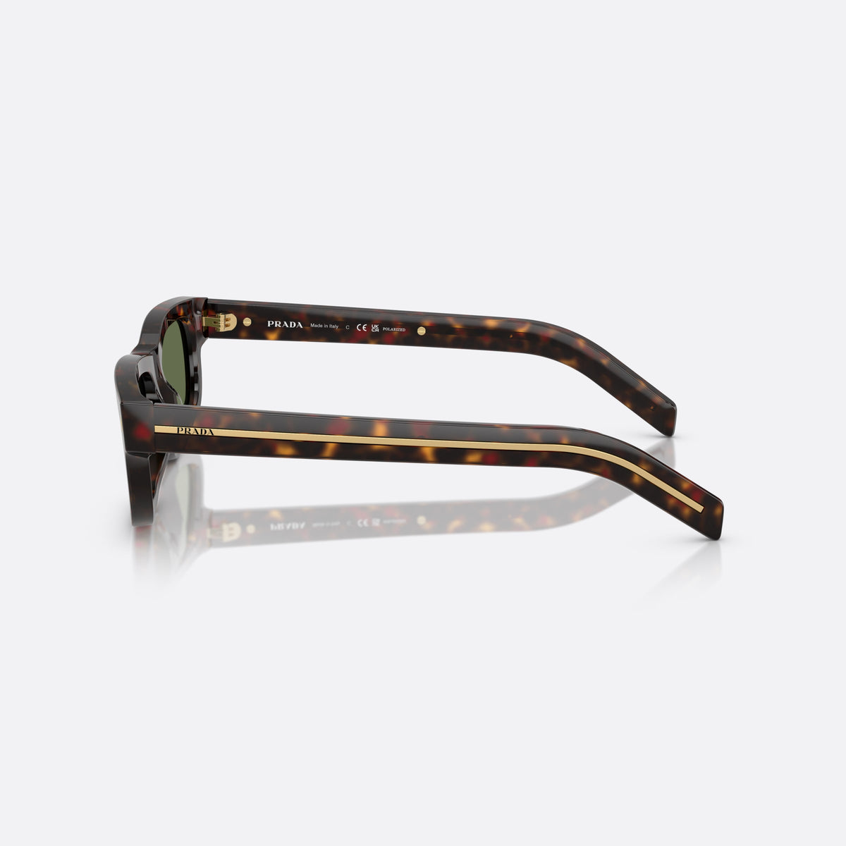 Prada PR B11S 17N20G sunglasses, havana rectangle frame for men, keyhole bridge, brand lettering on temple, side view