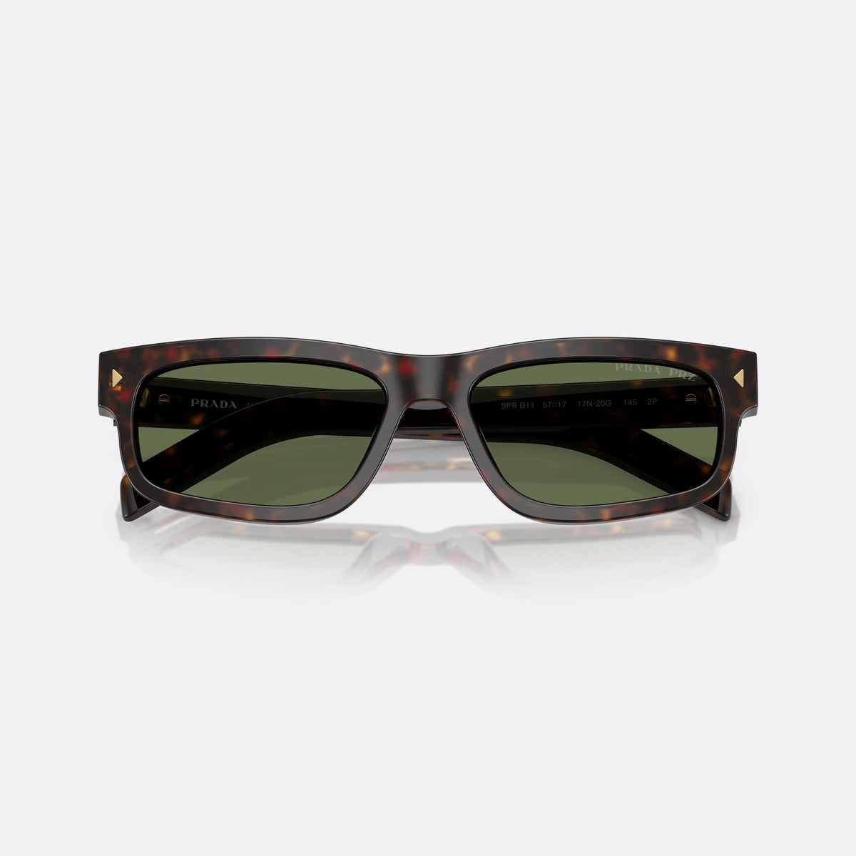 Prada PR B11S 17N20G sunglasses, havana rectangle frame for men, keyhole bridge, brand lettering on temple, folded