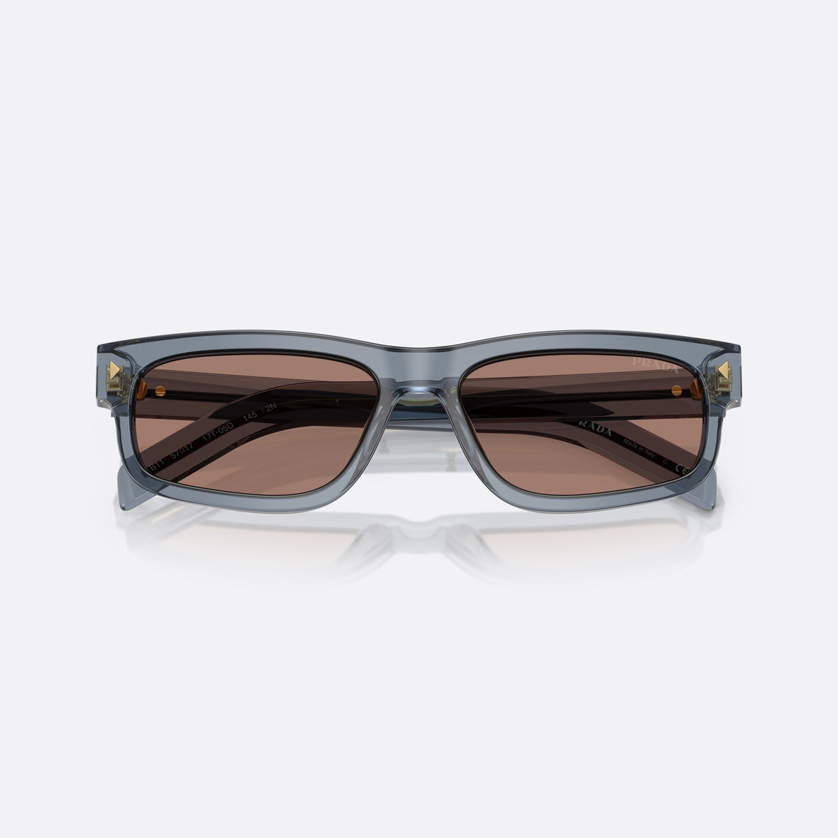 Prada PR B11S 17T05D sunglasses, blue rectangle frame for men, plain bridge, brand lettering on temple, full rim frame, folded