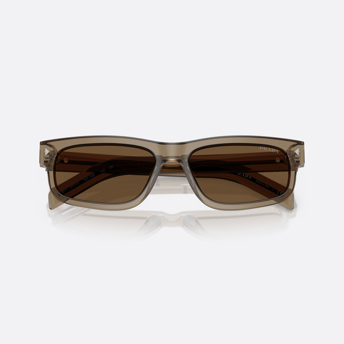 Prada PR B11S 18T70F sunglasses, brown rectangle frame for men, keyhole bridge, brand lettering on temples, folded