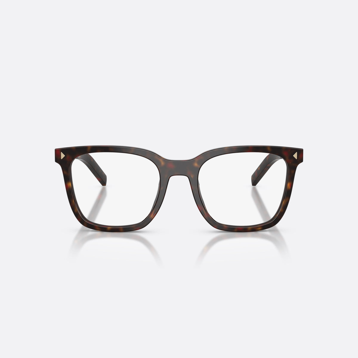 Prada PR B11V 17N1O1 eyeglasses, havana pillow frame for women, plain bridge, brand lettering on temples, full-rim frame, front view