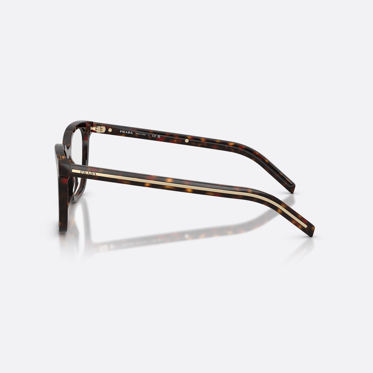 Prada PR B11V 17N1O1 eyeglasses, havana pillow frame for women, plain bridge, brand lettering on temples, full-rim frame, side view
