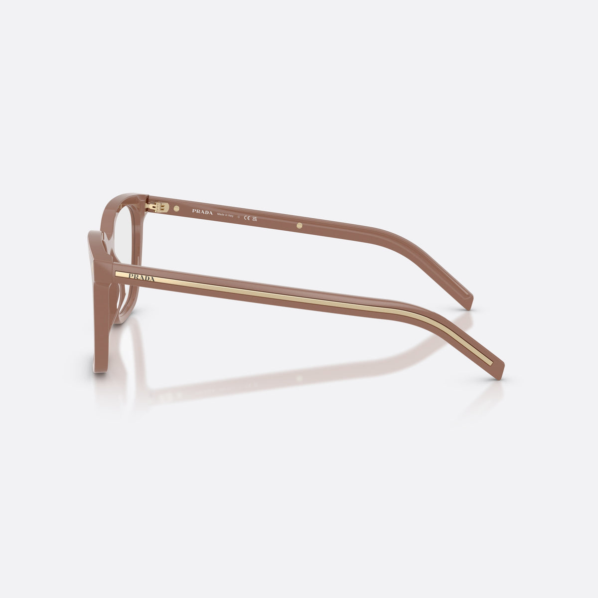 Prada PR B11V 28D1O1 eyeglasses, brown pillow frame for women, plain bridge, brand lettering on temples, full-rim frame, side view