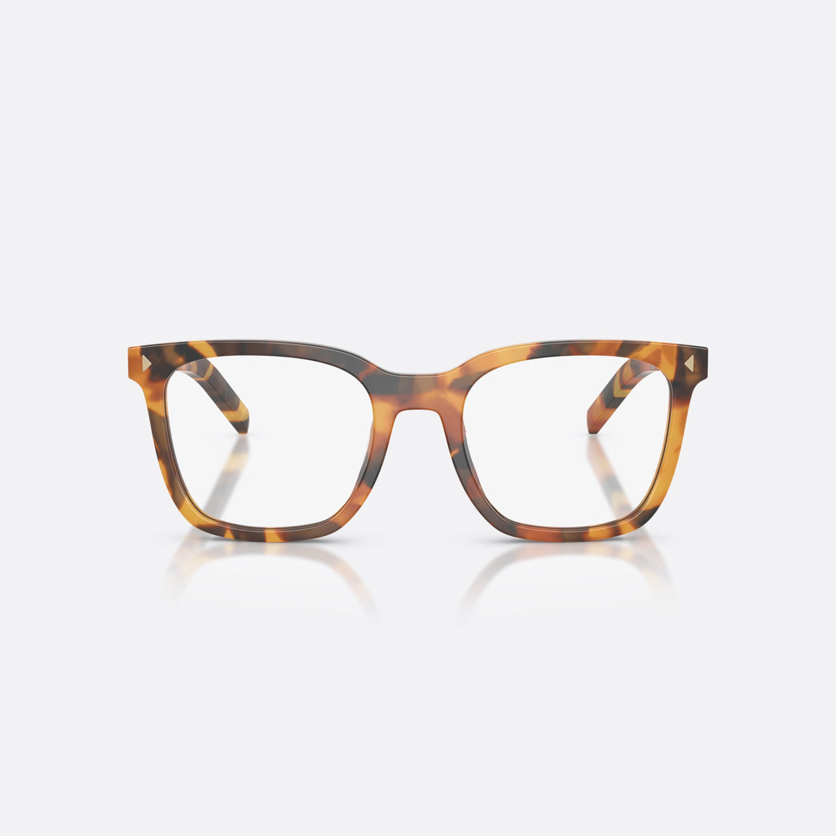 Prada PR B11V 29C1O1 eyeglasses, havana pillow frame for women, plain bridge, brand lettering on temples, front view