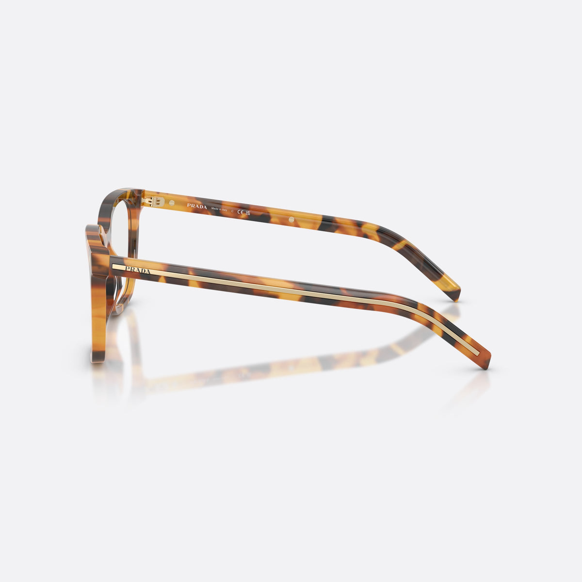Prada PR B11V 29C1O1 eyeglasses, havana pillow frame for women, plain bridge, brand lettering on temples, side view