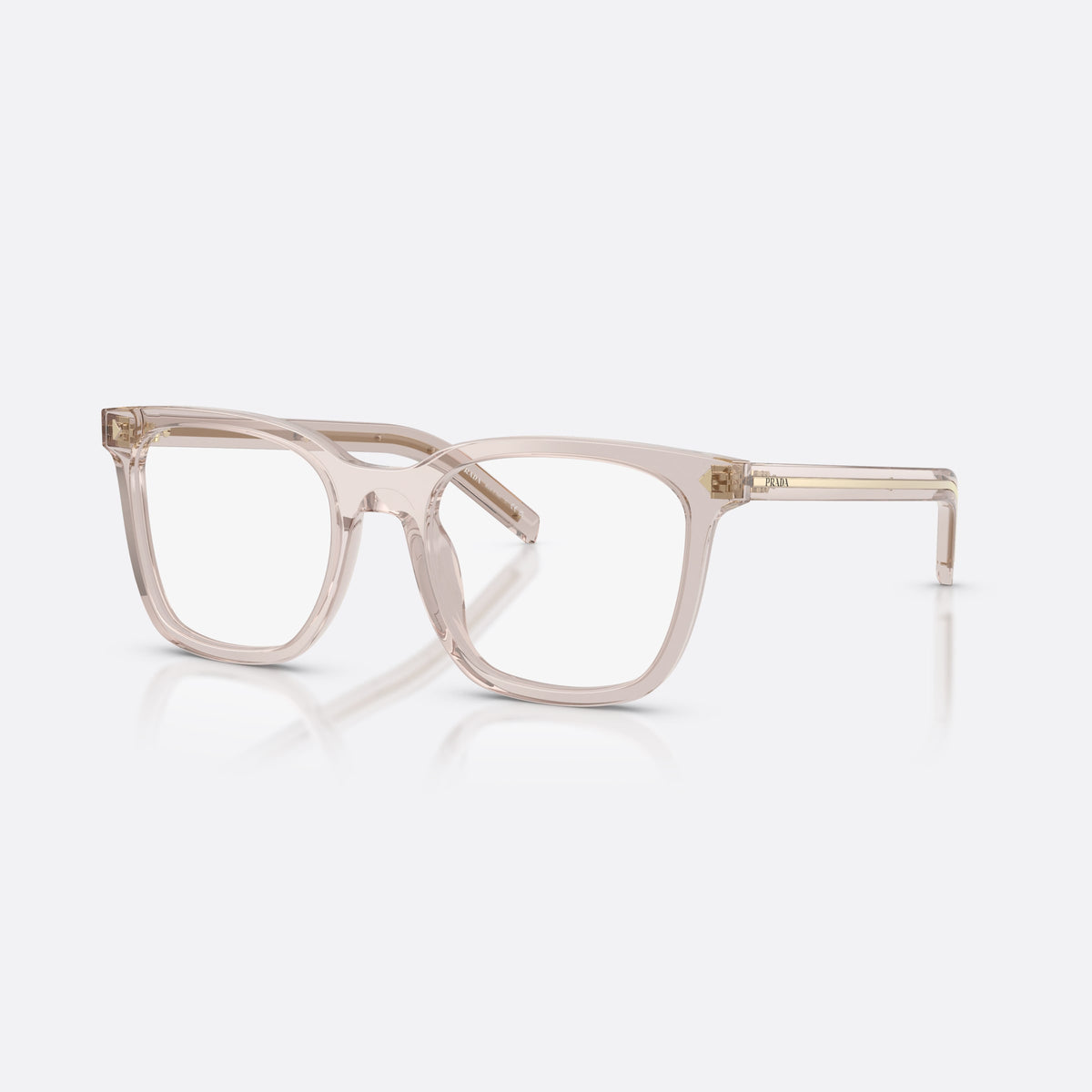 Prada PR B11V 29D1O1 eyeglasses, violet pillow frame for women, plain bridge, integrated, brand lettering on temple