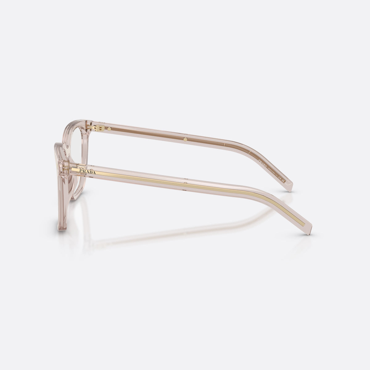 Prada PR B11V 29D1O1 eyeglasses, violet pillow frame for women, plain bridge, integrated, brand lettering on temple, side view