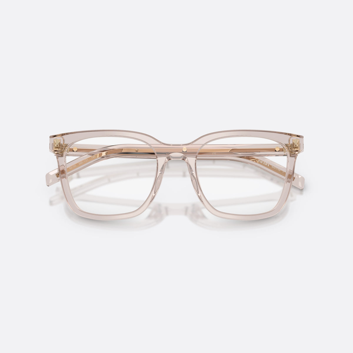 Prada PR B11V 29D1O1 eyeglasses, violet pillow frame for women, plain bridge, integrated, brand lettering on temple, folded