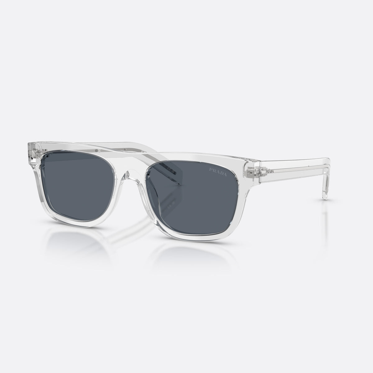 Prada PR B12S 12R07T sunglasses, grey pillow frame for men, plain bridge, brand logo on lens, full-rim frame
