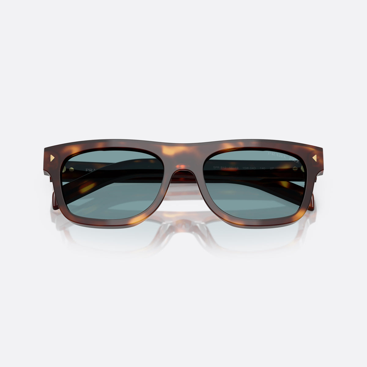 Prada PR B12S 15W04D sunglasses, brown squared frame for men, plain double bridge, brand lettering on temples, folded
