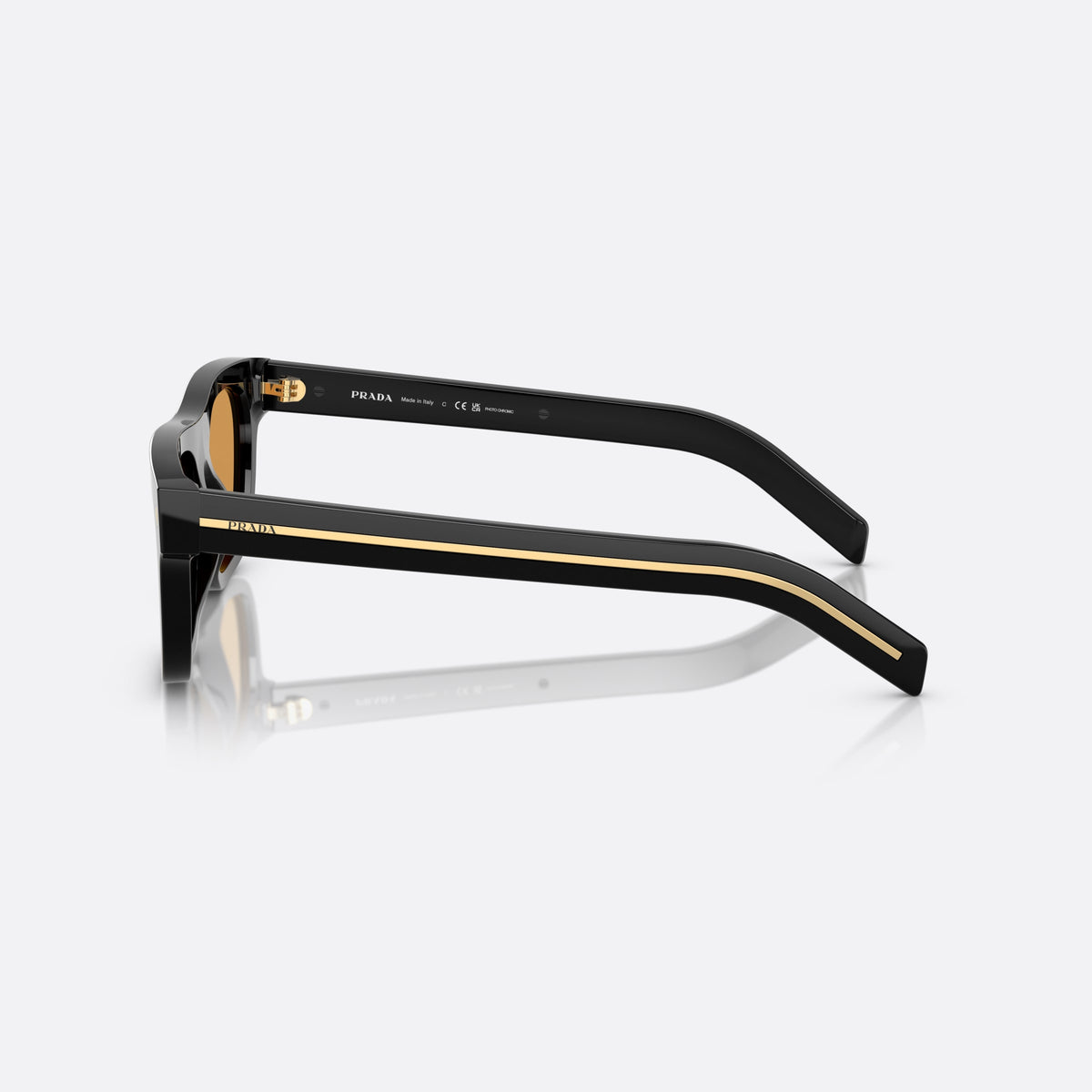 Prada PR B12S 16K60F BLBW sunglasses, black squared frame for men, plain bridge, brand lettering on temples, full-rim frame, side view