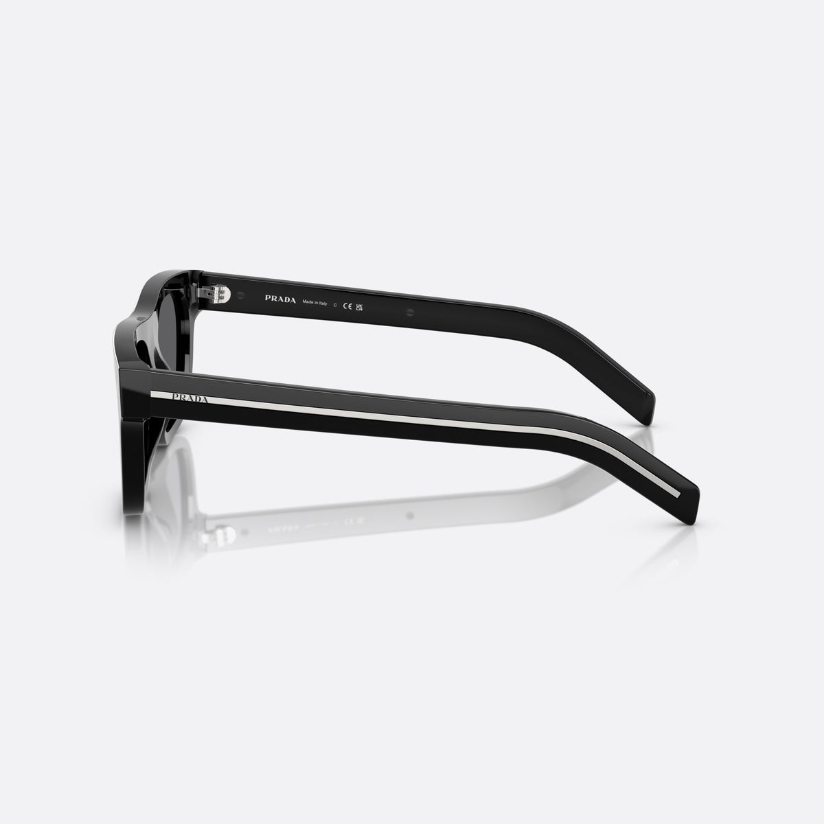 Prada PR B12S 16K731 BLGR sunglasses, black squared frame for men, keyhole bridge, brand lettering on the temples, side view