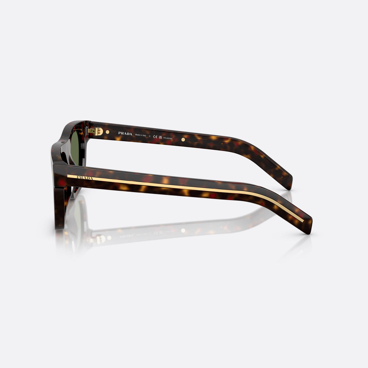 Prada PR B12S 17N20G TOGR sunglasses, brown squared frame for men, plain bridge, single arch, brand lettering on temples, side view