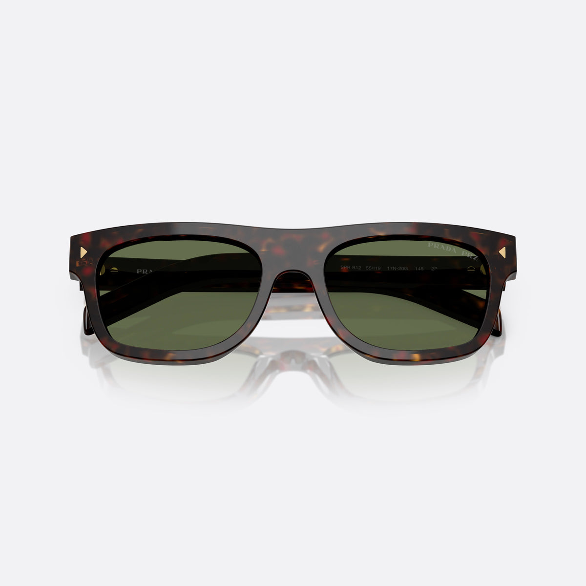 Prada PR B12S 17N20G TOGR sunglasses, brown squared frame for men, plain bridge, single arch, brand lettering on temples, folded