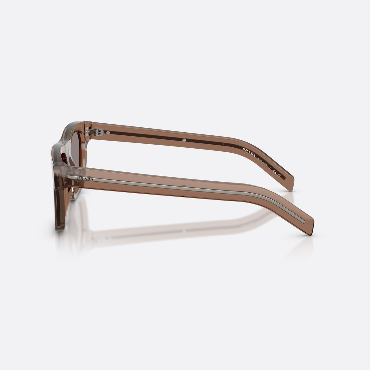 Prada PR B12S 28I03D sunglasses, clear pillow frame for men, plain bridge, brand lettering on temples, full-rim frame, side view