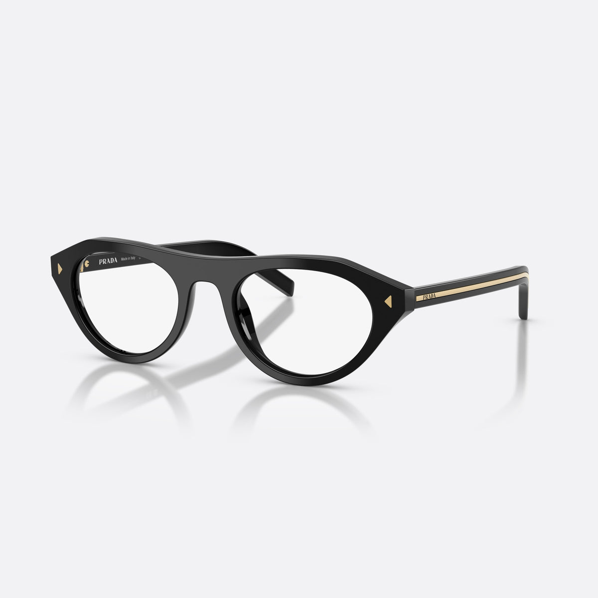 Prada PR B15S 16K60K sunglasses, black irregular frame for women, plain bridge with narrow center, polished glossy surface