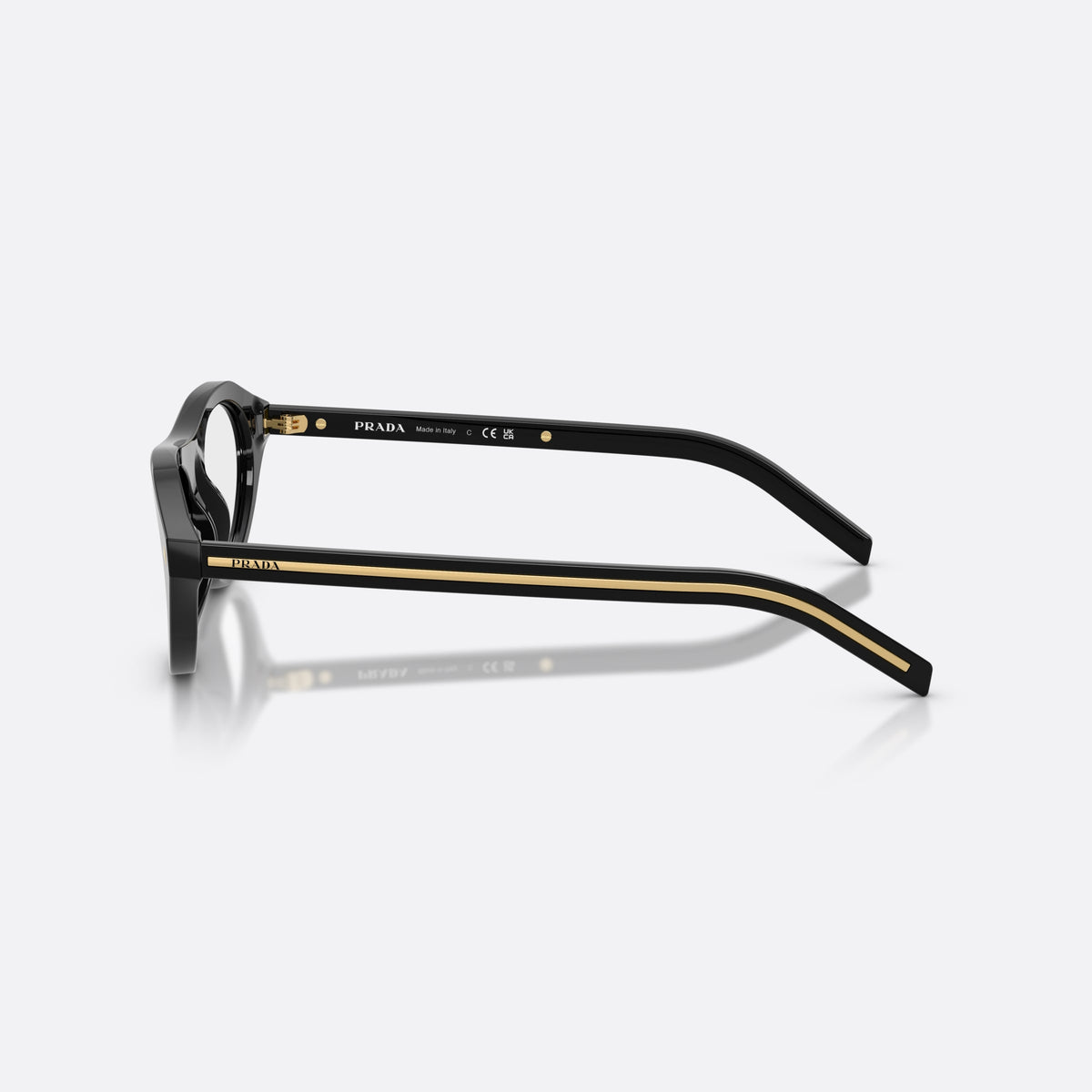 Prada PR B15S 16K60K sunglasses, black irregular frame for women, plain bridge with narrow center, polished glossy surface, side view