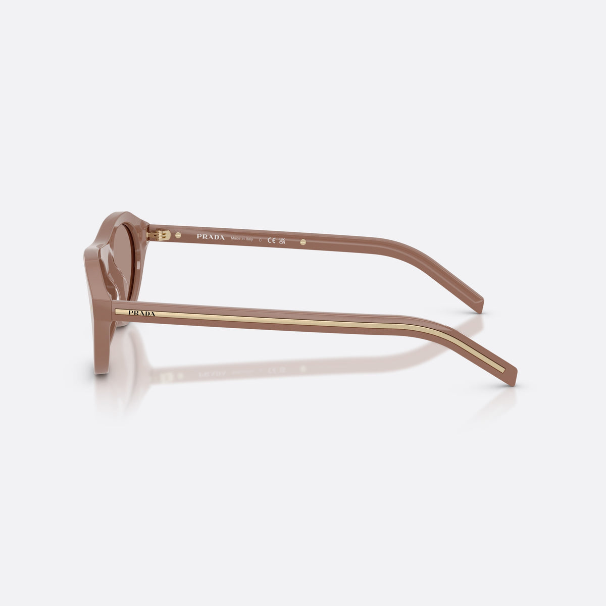 Prada PR B15S 28D02T sunglasses, brown irregular frame for women, plain bridge, brand lettering on temples, full-rim frame, side view